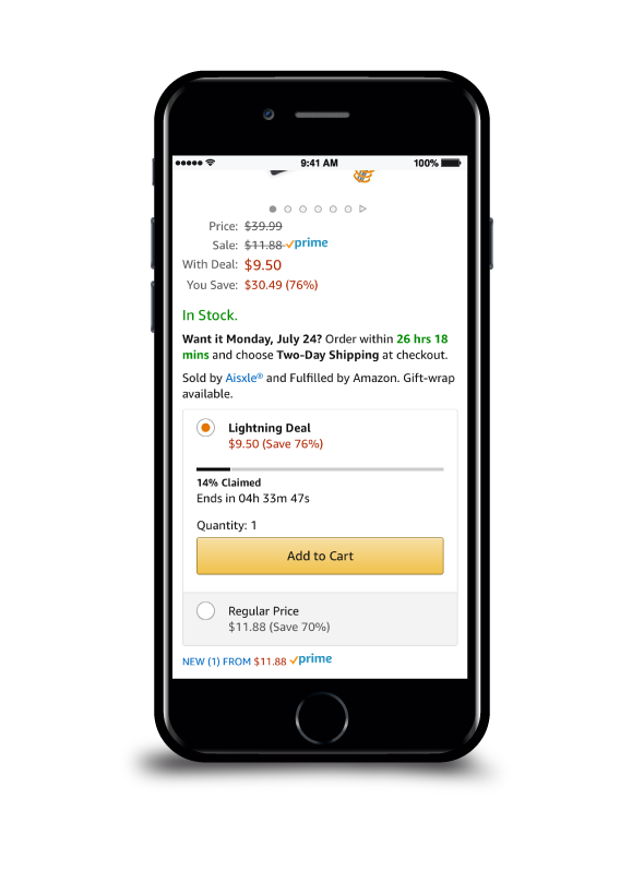 Mobile web example of finished buy box treatment with Lightning deal.